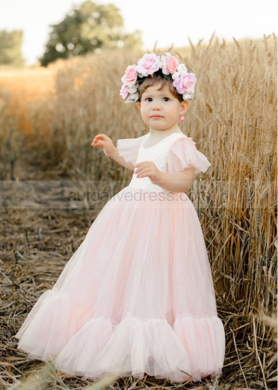 Flutter Sleeves Ivory Lace Blush Pink Tulle Twirl Flower Girl Dress